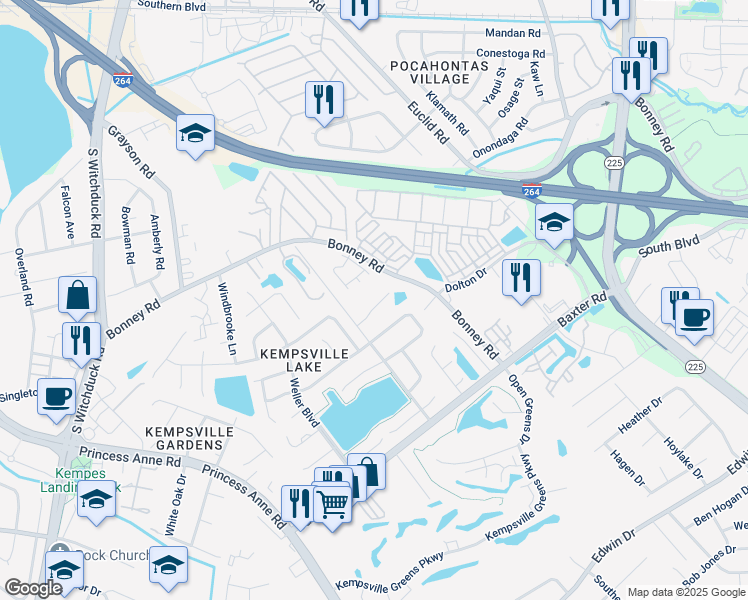 map of restaurants, bars, coffee shops, grocery stores, and more near 4897 Bonney Road in Virginia Beach