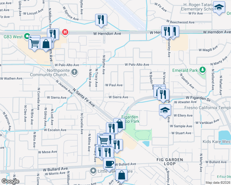 map of restaurants, bars, coffee shops, grocery stores, and more near 4311 West Paul Avenue in Fresno