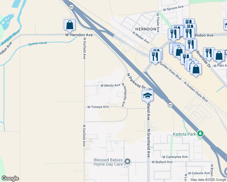 map of restaurants, bars, coffee shops, grocery stores, and more near 7281 W Menlo Ave in Fresno