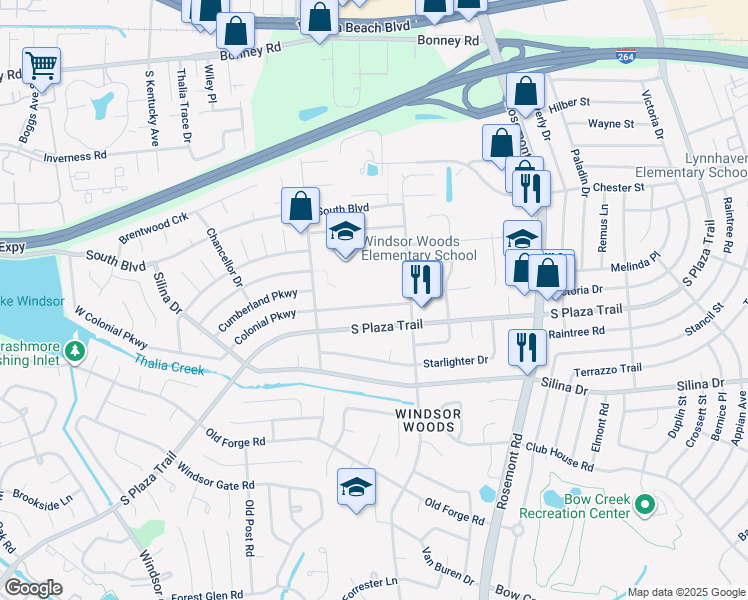 map of restaurants, bars, coffee shops, grocery stores, and more near 3744 Colonial Parkway in Virginia Beach