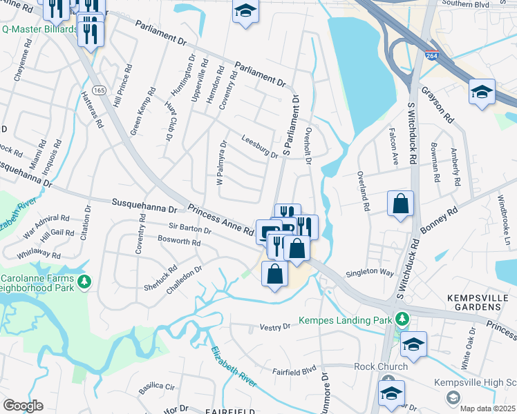 map of restaurants, bars, coffee shops, grocery stores, and more near 5301 S Palmyra Dr in Virginia Beach