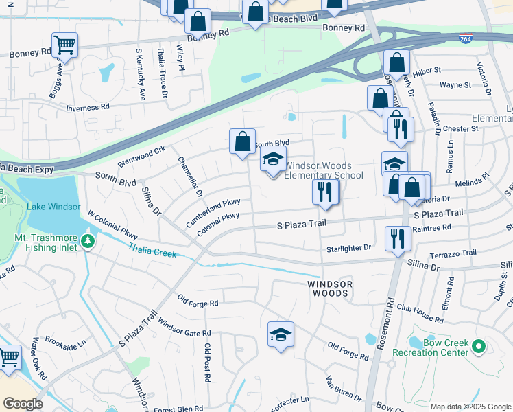 map of restaurants, bars, coffee shops, grocery stores, and more near 252 Palace Green Boulevard in Virginia Beach