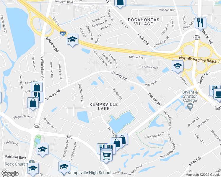 map of restaurants, bars, coffee shops, grocery stores, and more near 4901 Kemps Lake Drive in Virginia Beach