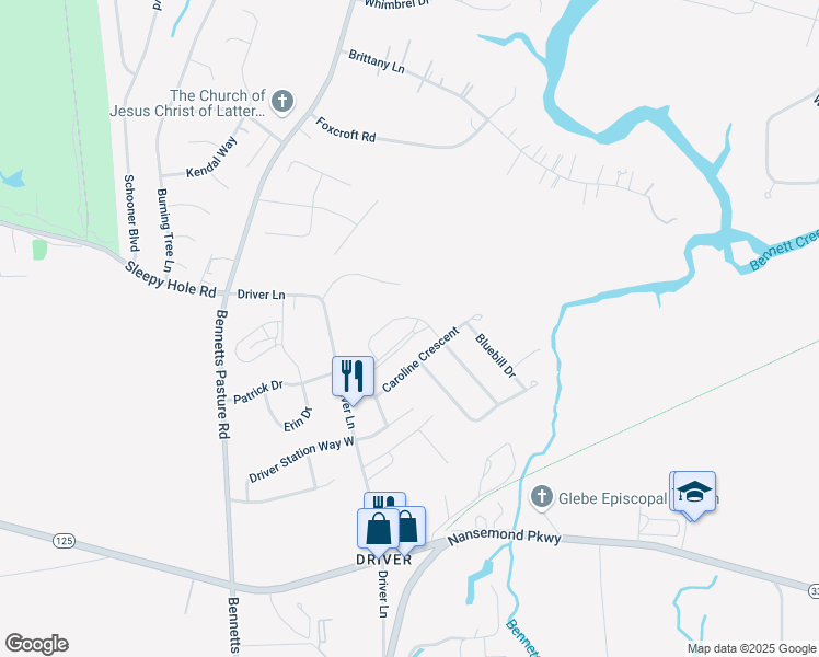 map of restaurants, bars, coffee shops, grocery stores, and more near 2101 Canvasback Drive in Suffolk