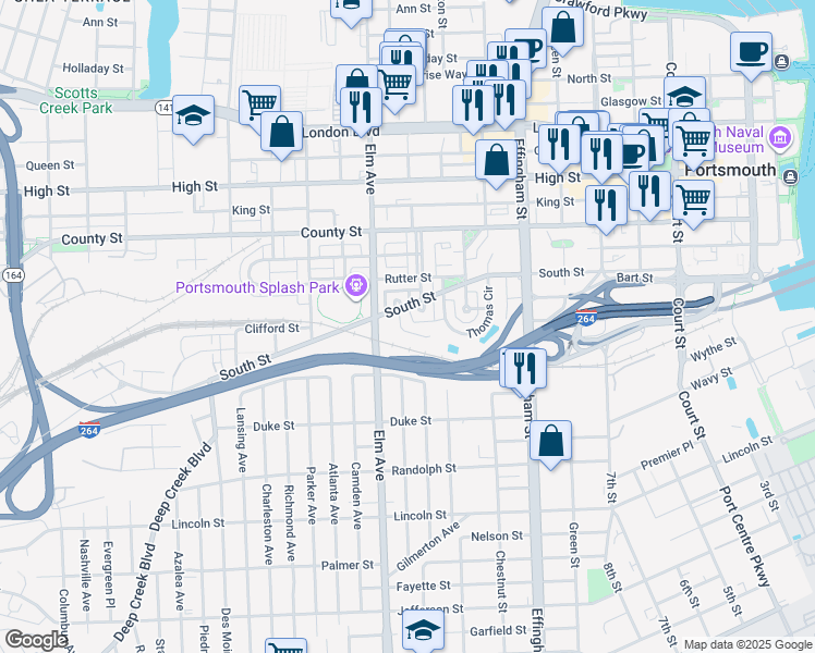 map of restaurants, bars, coffee shops, grocery stores, and more near 1140 Chisholm Circle in Portsmouth