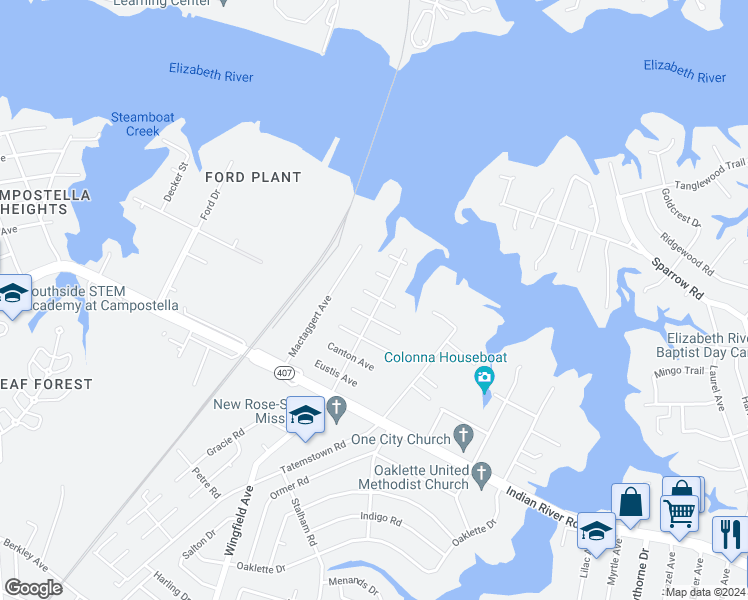map of restaurants, bars, coffee shops, grocery stores, and more near 601 Wingfield Avenue in Chesapeake