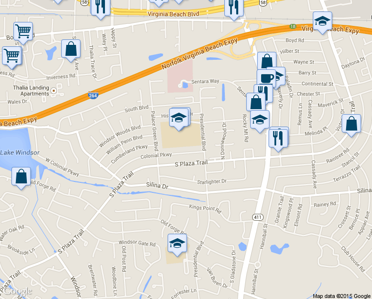 map of restaurants, bars, coffee shops, grocery stores, and more near 3744 Colonial Parkway in Virginia Beach