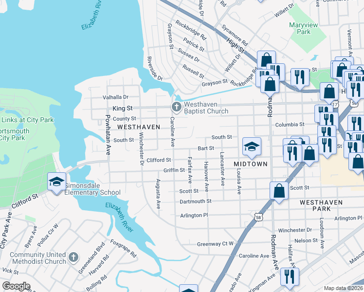 map of restaurants, bars, coffee shops, grocery stores, and more near 4215 South Street in Portsmouth