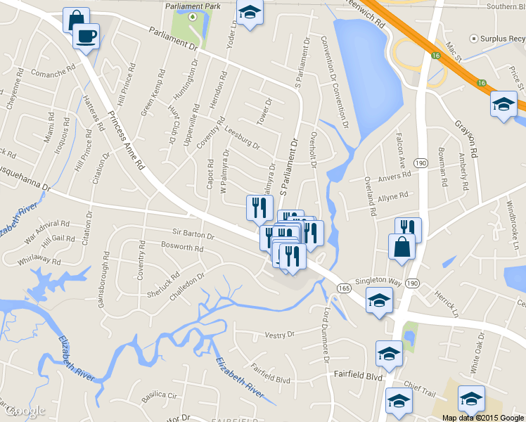 map of restaurants, bars, coffee shops, grocery stores, and more near 5301 S Palmyra Dr in Virginia Beach