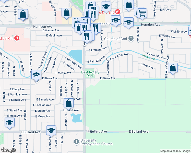 map of restaurants, bars, coffee shops, grocery stores, and more near 6553 North Boyd Avenue in Fresno