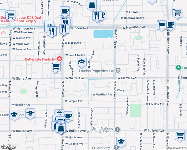 map of restaurants, bars, coffee shops, grocery stores, and more near 6448 North Colonial Avenue in Fresno