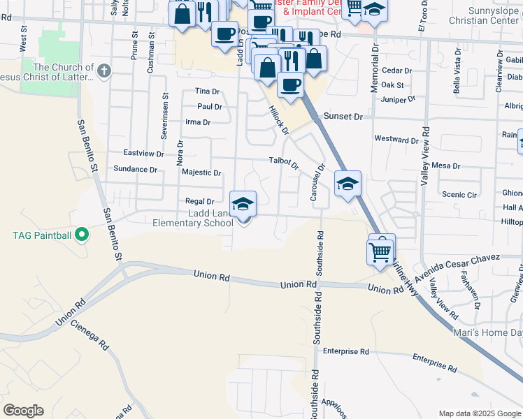 map of restaurants, bars, coffee shops, grocery stores, and more near 540 Leisure Court in Hollister