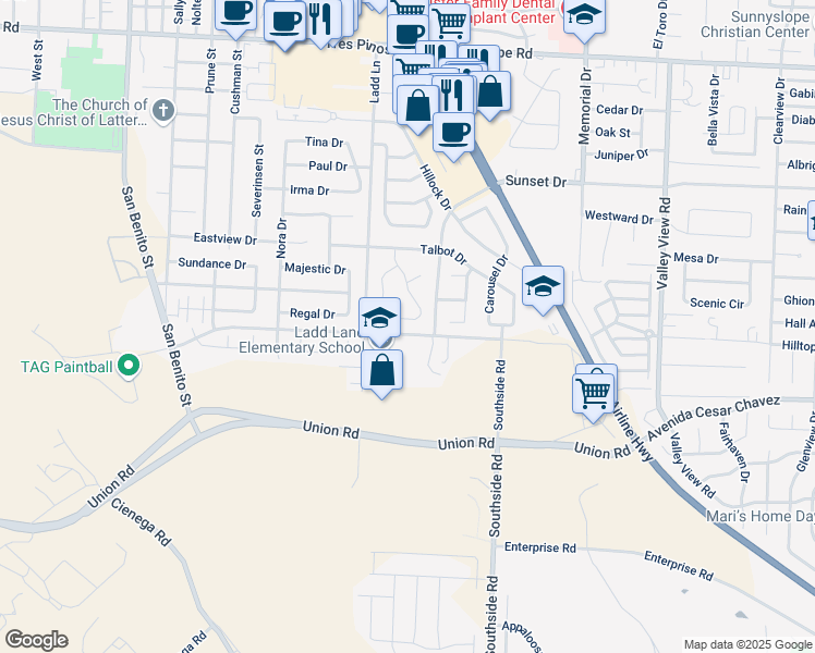 map of restaurants, bars, coffee shops, grocery stores, and more near 540 Leisure Court in Hollister