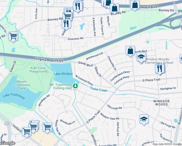 map of restaurants, bars, coffee shops, grocery stores, and more near 209 Cortland Lane in Virginia Beach