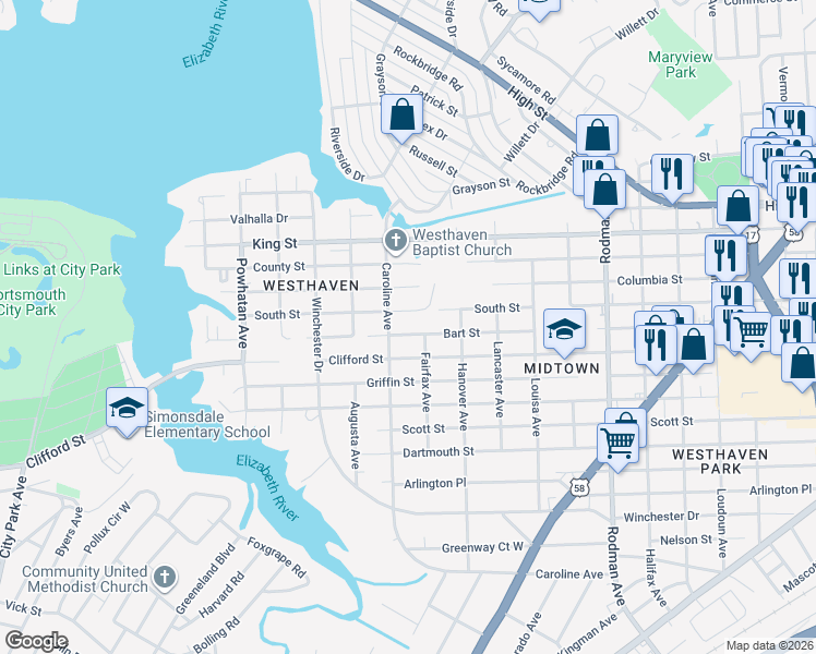 map of restaurants, bars, coffee shops, grocery stores, and more near 4215 South Street in Portsmouth