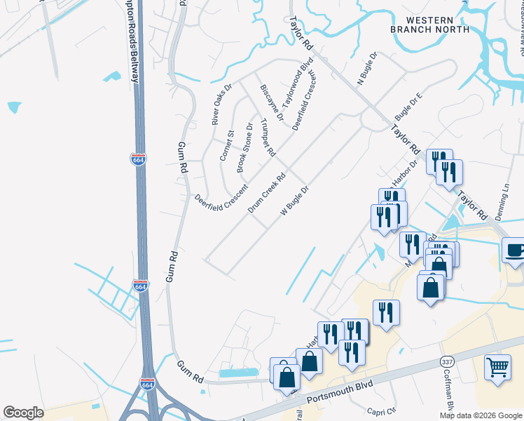 map of restaurants, bars, coffee shops, grocery stores, and more near 2520 Drum Creek Road in Chesapeake