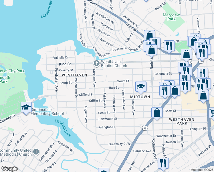 map of restaurants, bars, coffee shops, grocery stores, and more near 4111 South Street in Portsmouth