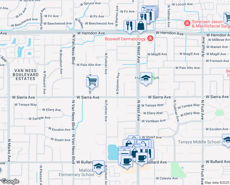 map of restaurants, bars, coffee shops, grocery stores, and more near 6431 North Dolores Avenue in Fresno