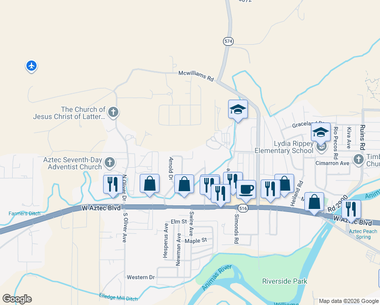 map of restaurants, bars, coffee shops, grocery stores, and more near 403 Sunrise Court in Aztec