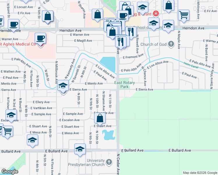 map of restaurants, bars, coffee shops, grocery stores, and more near 1744 East Sierra Avenue in Fresno