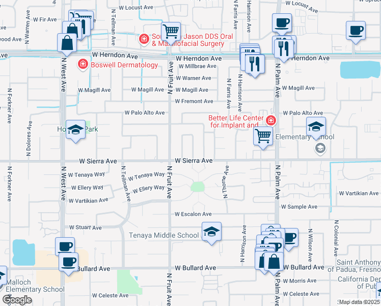 map of restaurants, bars, coffee shops, grocery stores, and more near 6425 North Arthur Avenue in Fresno