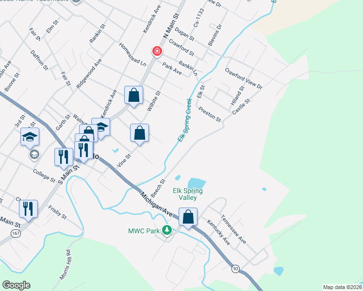 map of restaurants, bars, coffee shops, grocery stores, and more near 305 Beech Street in Monticello