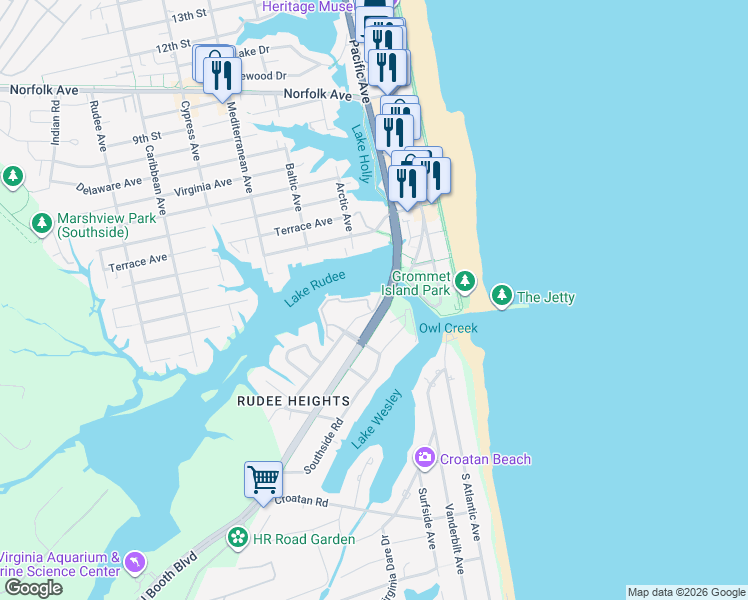 map of restaurants, bars, coffee shops, grocery stores, and more near 401 Harbour Point in Virginia Beach