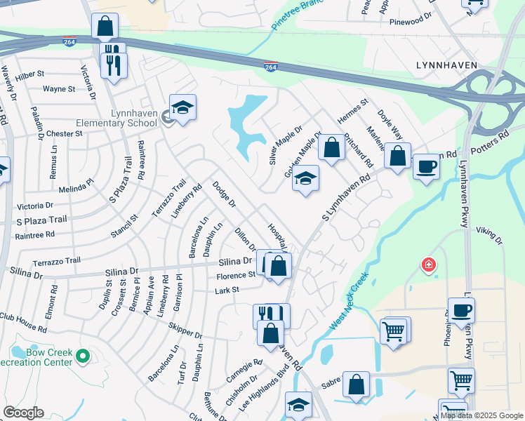 map of restaurants, bars, coffee shops, grocery stores, and more near 346 Hospital Drive in Virginia Beach