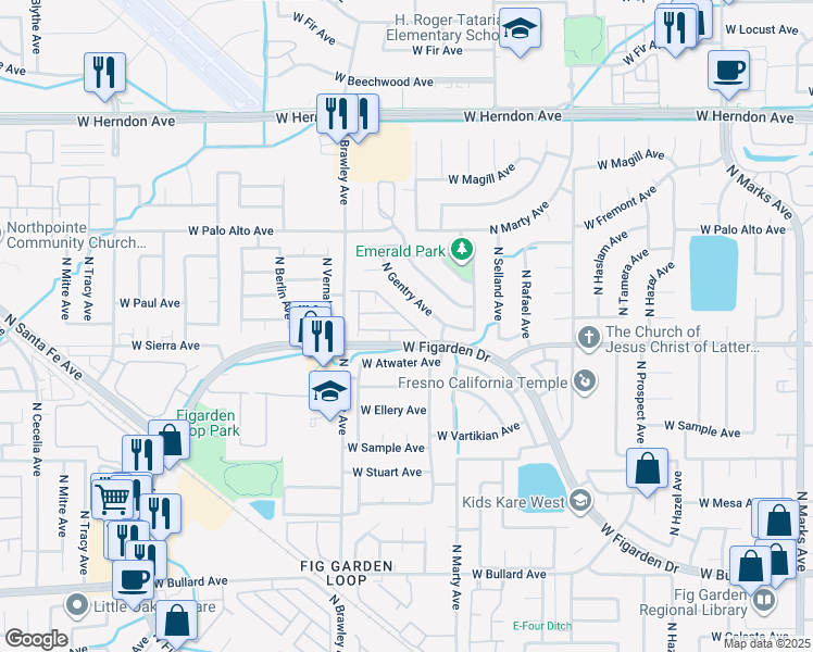 map of restaurants, bars, coffee shops, grocery stores, and more near 3702 West Vincent Lane in Fresno