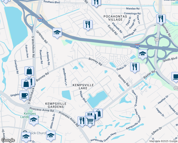 map of restaurants, bars, coffee shops, grocery stores, and more near 4901 Kemps Lake Drive in Virginia Beach