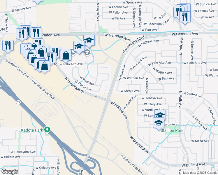 map of restaurants, bars, coffee shops, grocery stores, and more near 6634 North Sandrini Avenue in Fresno