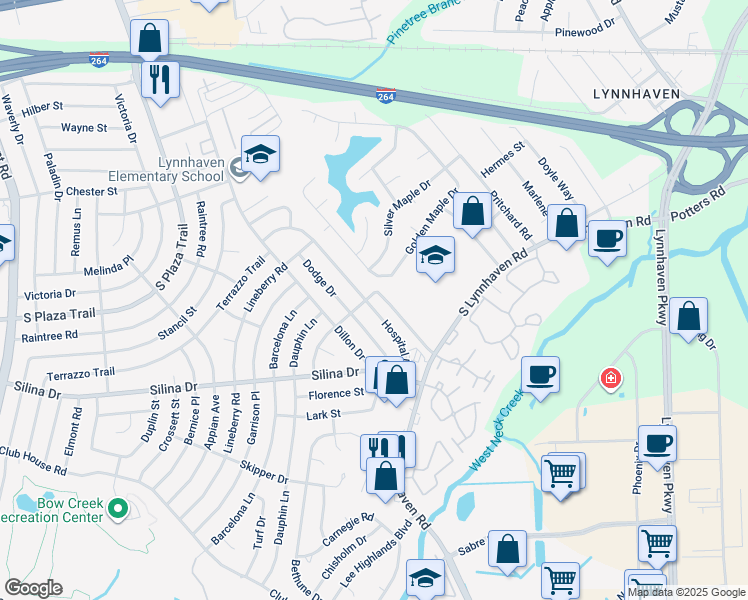 map of restaurants, bars, coffee shops, grocery stores, and more near 346 Hospital Drive in Virginia Beach