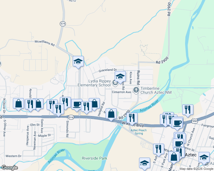 map of restaurants, bars, coffee shops, grocery stores, and more near 431 Heiland Road in Aztec