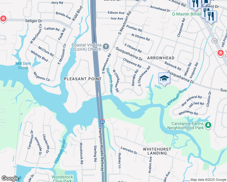 map of restaurants, bars, coffee shops, grocery stores, and more near 417 West Chickasaw Road in Virginia Beach