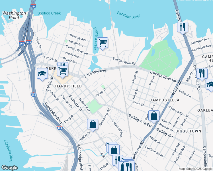 map of restaurants, bars, coffee shops, grocery stores, and more near 909 Barton Street in Norfolk