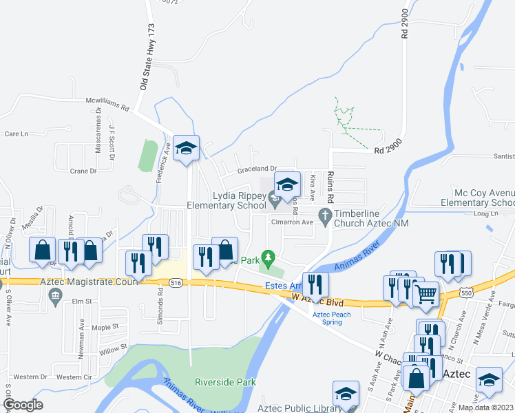 map of restaurants, bars, coffee shops, grocery stores, and more near 404 Heiland Road in Aztec