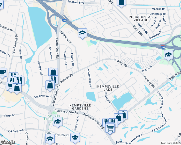 map of restaurants, bars, coffee shops, grocery stores, and more near 220 Windbrooke Lane in Virginia Beach