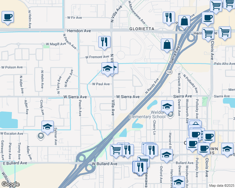 map of restaurants, bars, coffee shops, grocery stores, and more near in Clovis