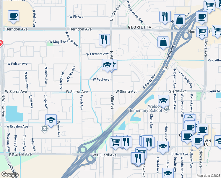 map of restaurants, bars, coffee shops, grocery stores, and more near in Clovis