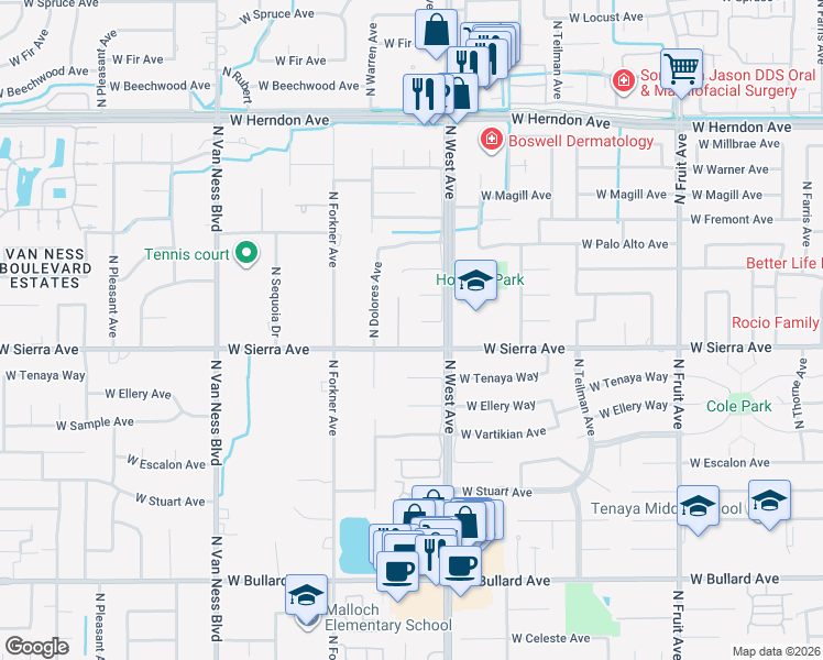 map of restaurants, bars, coffee shops, grocery stores, and more near 2052 West Menlo Avenue in Fresno