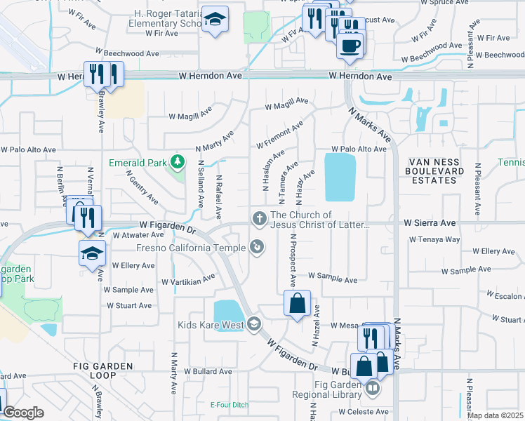 map of restaurants, bars, coffee shops, grocery stores, and more near 3382 West Menlo Avenue in Fresno