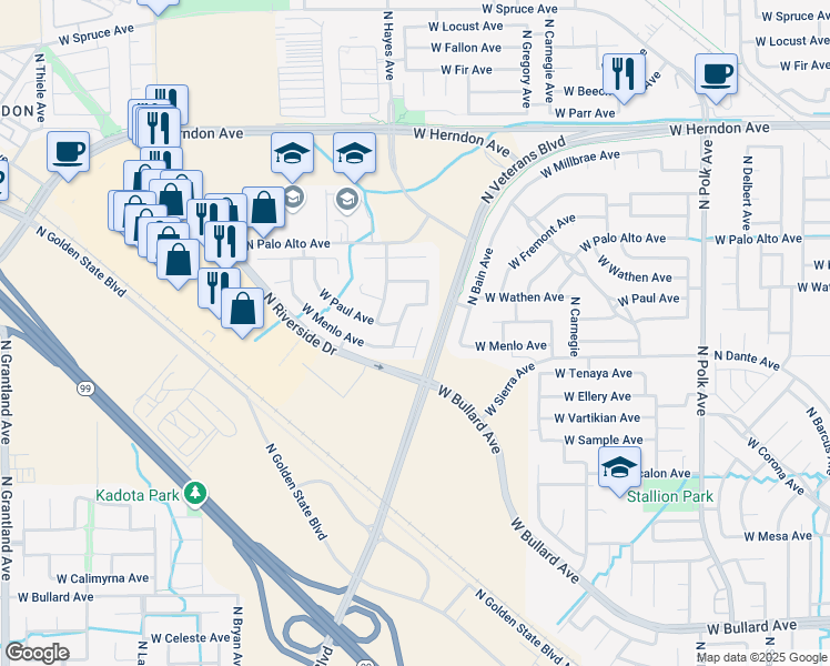 map of restaurants, bars, coffee shops, grocery stores, and more near 6670 North Contessa Avenue in Fresno