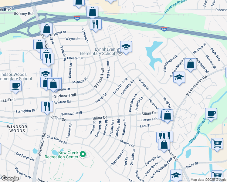 map of restaurants, bars, coffee shops, grocery stores, and more near 3340 Terrazzo Trail in Virginia Beach