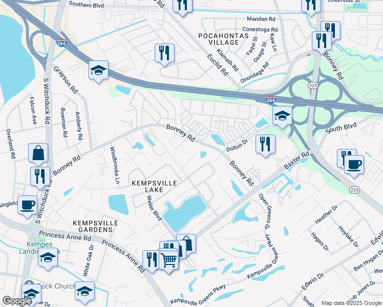 map of restaurants, bars, coffee shops, grocery stores, and more near 4897 Bonney Road in Virginia Beach