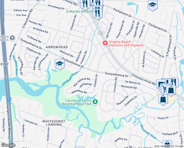 map of restaurants, bars, coffee shops, grocery stores, and more near 5509 Susquehanna Drive in Virginia Beach