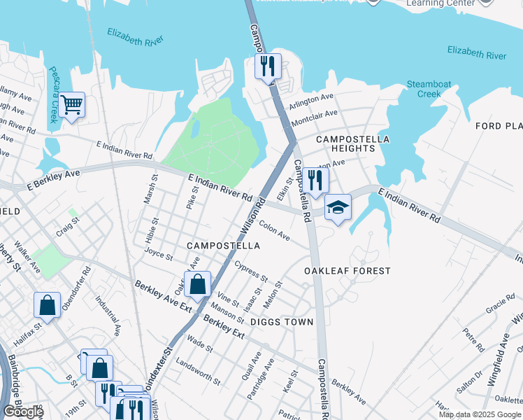 map of restaurants, bars, coffee shops, grocery stores, and more near 1317 East Indian River Road in Norfolk