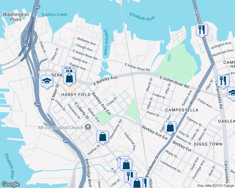 map of restaurants, bars, coffee shops, grocery stores, and more near 909 Barton Street in Norfolk