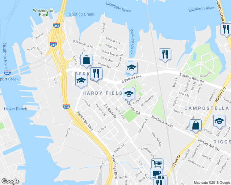 map of restaurants, bars, coffee shops, grocery stores, and more near 409 Berkley Avenue Extension in Norfolk