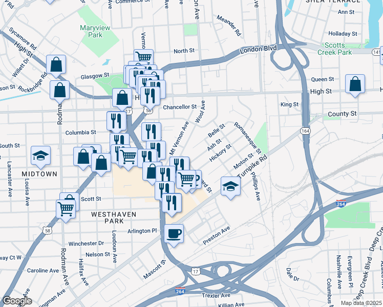 map of restaurants, bars, coffee shops, grocery stores, and more near 1437 Wool Avenue in Portsmouth