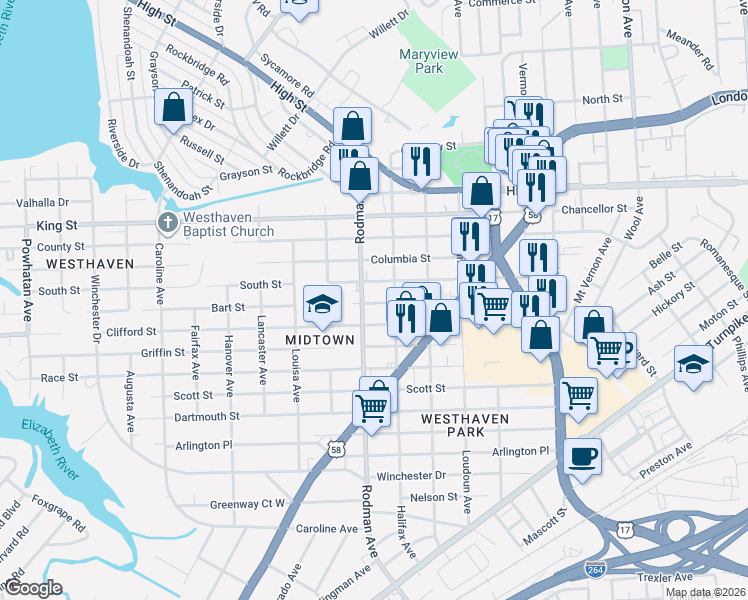 map of restaurants, bars, coffee shops, grocery stores, and more near 3617 South Street in Portsmouth
